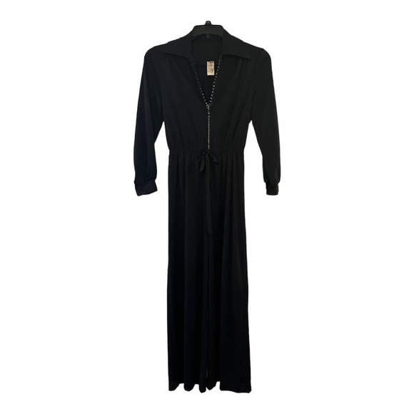 Black Rhinestone Sequined Teeth Zipper Jump Suit Double Knit Wide Leg 1970's - Picture 1 of 11